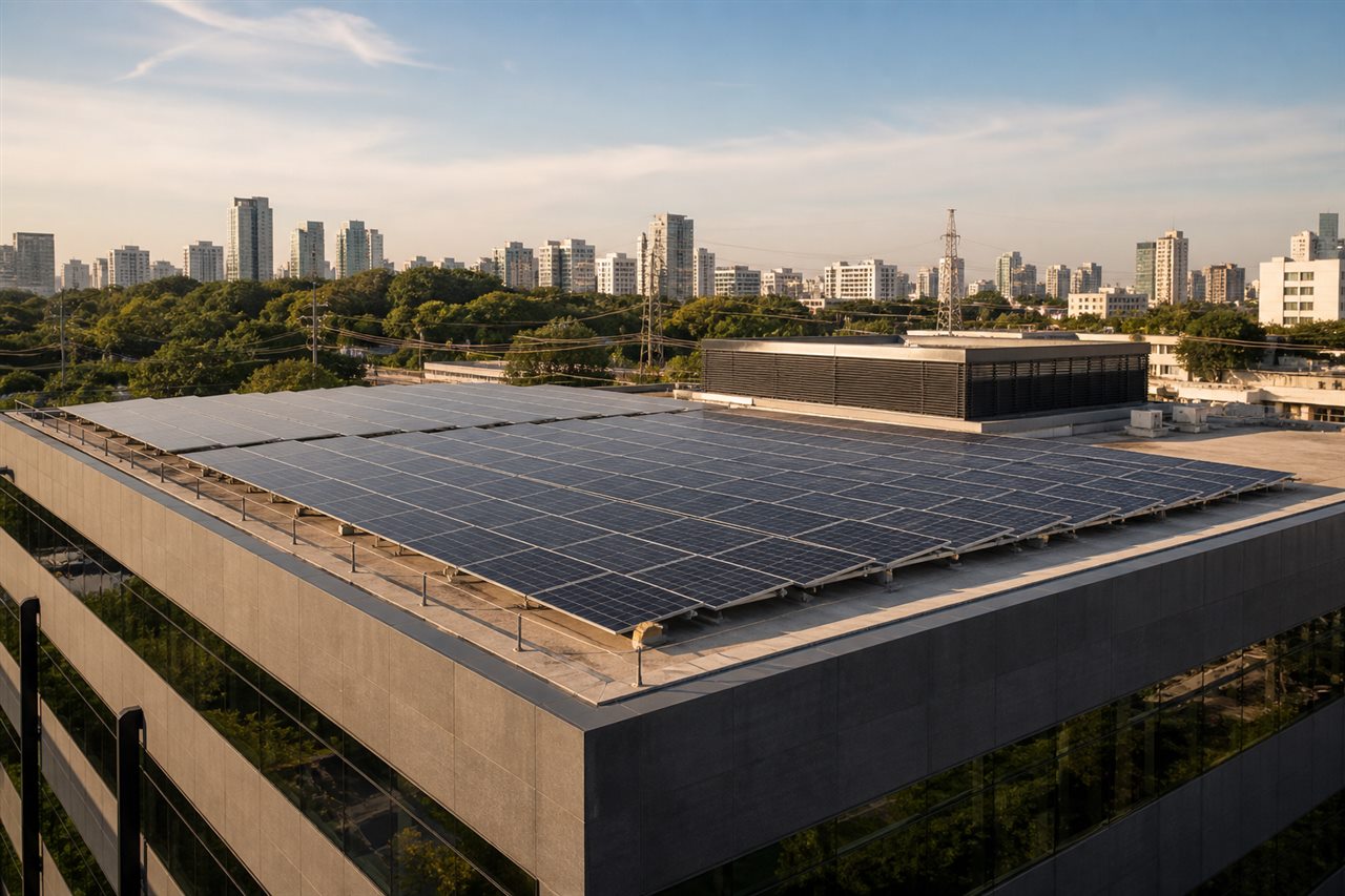 Edifício comercial em São Paulo com painéis solares na cobertura